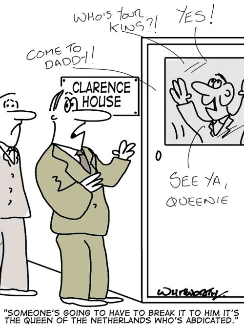 Prince Charles celebrates Queen's abdication.