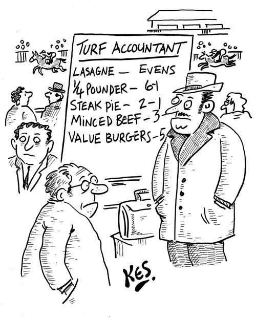 Bookie near racing card, all of the runners are named after processed beef products.