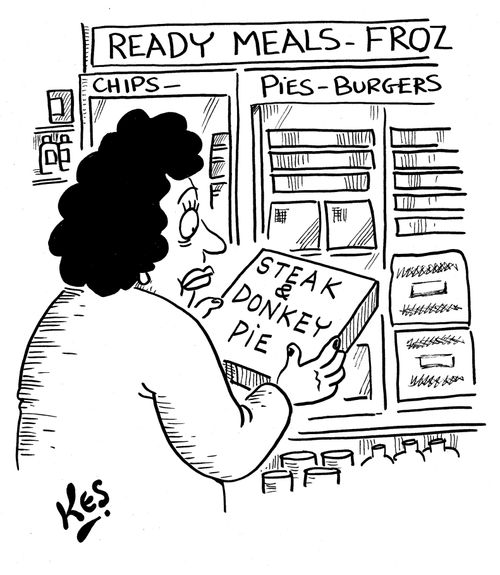 Woman buying a 'Steak and Donkey' pie from supermarket.