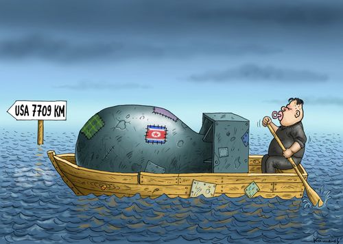 Kim Jong-un rows a missile to the USA.