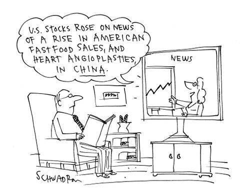"U.S. stocks rose on news of a rise in American fast food sales, and heart angioplasties, in China."