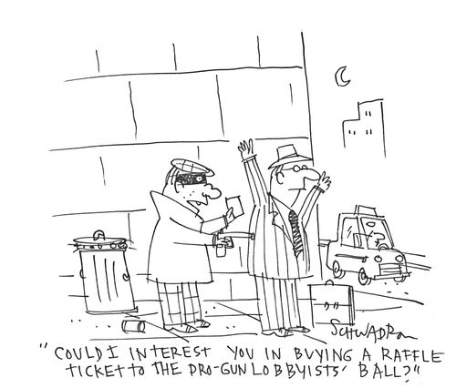 'Could I interest you in buying a raffle ticket to the pro-gun lobbyists' ball?'