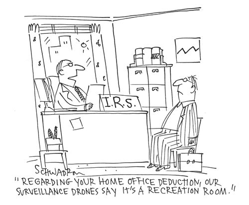 'Regarding your home office deduction, our surveillance drones say it's a recreation room.'