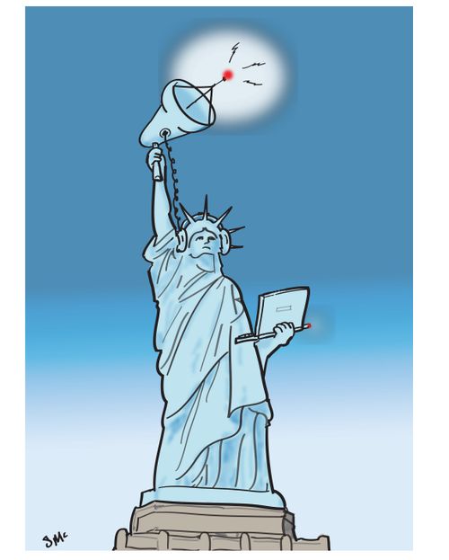 Statue of Liberty with satellite dish and laptop spying on the World.