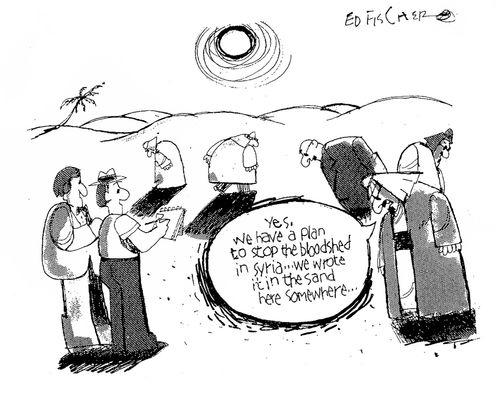 'Yes, we have a plan to stop the bloodshed in Syria...we wrote it in the sand here somewhere...'