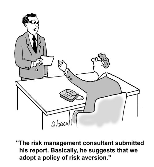 'The risk management consultant submitted his report. Basically, he suggests that we adopt a policy of risk aversion.'