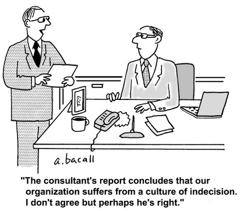 'The consultant's report concludes that our organization suffers from a culture of indecision. I don't agree but perhaps he's right.'