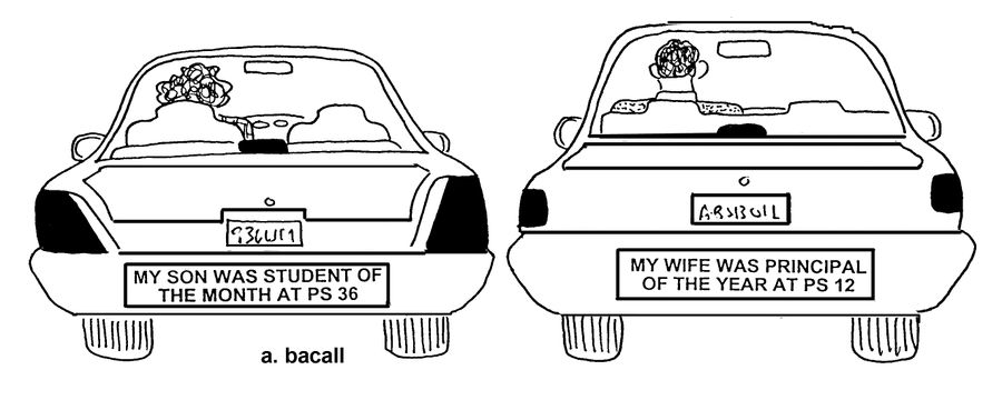 Two cars are side by side with bragging bumper stickers.