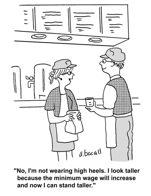 'No, I'm not wearing high heels. I look taller because the minimum wage will increase and now I can stand taller.'