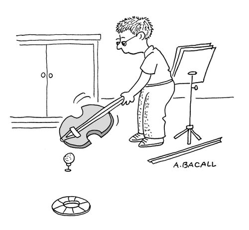 Kid uses his violin as a golf club.