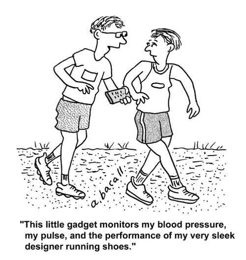 'This little gadget monitors my blood pressure, my pulse, and the performance of my very sleek designer running shoes.'