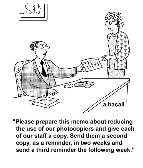 'Please prepare this memo about reducing the use of our photocopiers and give each of our staff a copy. Send them a second copy, as a reminder, in two weeks and send a third reminder the following week.'