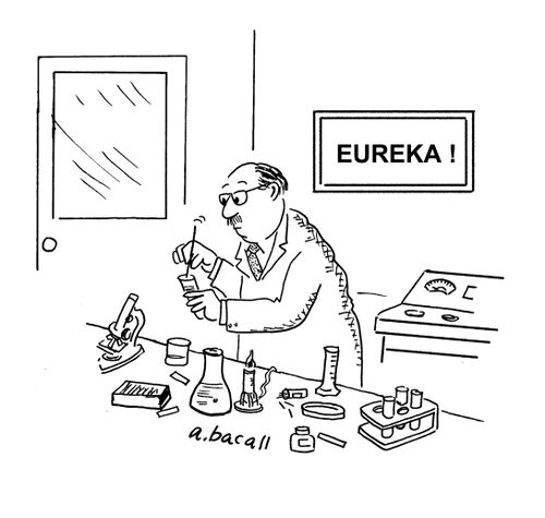 Research scientist has the word 'Eureka' framed.