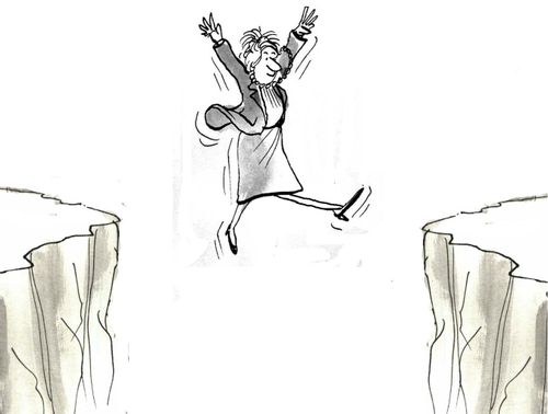 Woman trying to leap over a cliff.