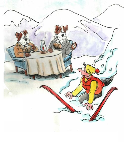 Man crawls out of avalanche to see two rescue dogs relaxing.