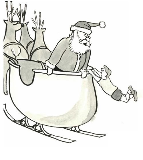 Little boy hanging onto Santa's sleigh.