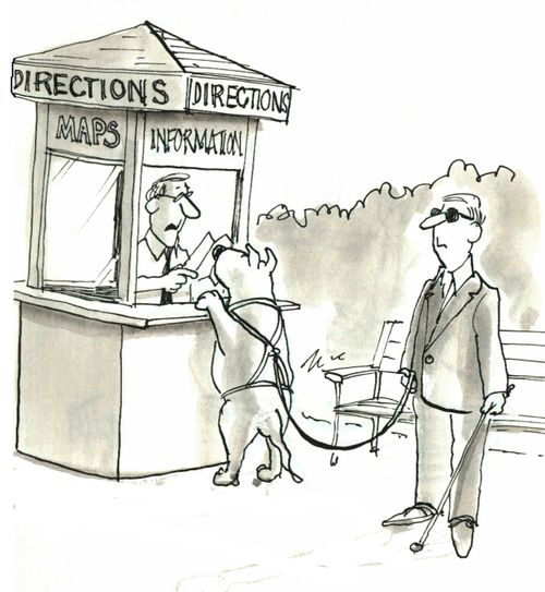 Seeing eye dog is getting directions for blind man.