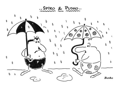Spiro & Pusho and the umbrellas.