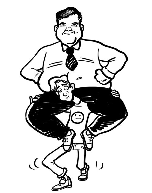 Fat guy being supported by little chap.