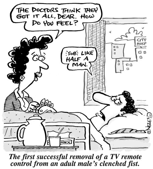 The first successful removal of a TV remote control from an adult male's clenched fist.