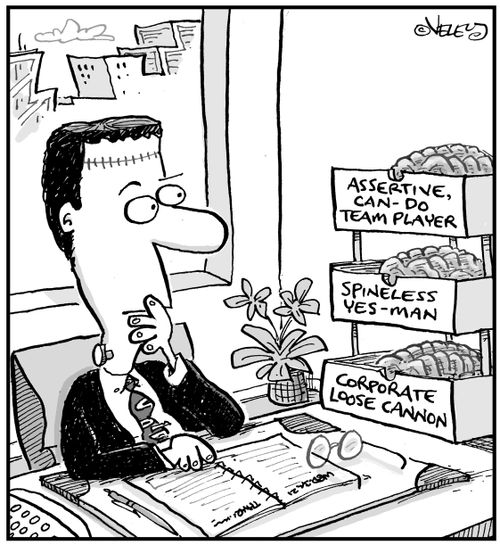 Frankenstein's monster picking out his brain for the day.