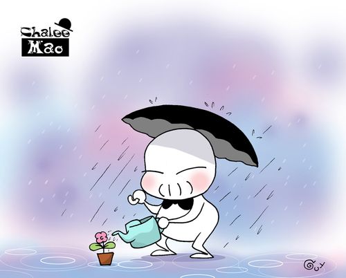 Watering a flower in the rain.