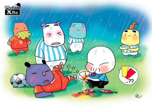 The rain washes the colour out of a ref's cards.