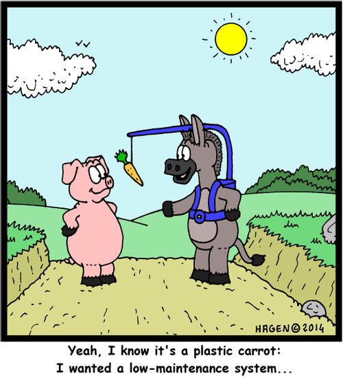 'Yeah, I know it's a plastic carrot: I wanted a low-maintenance system...'