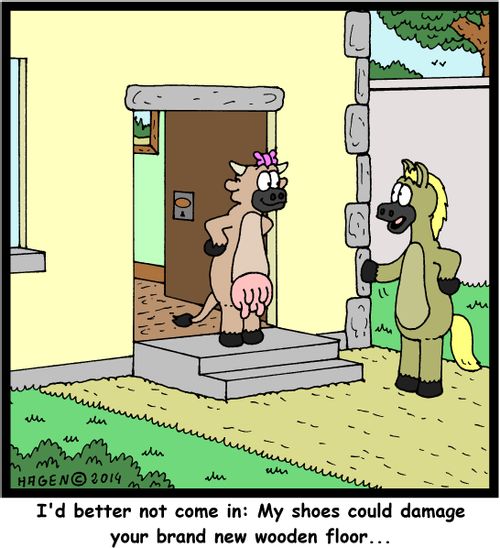'I'd better not come in: My shoes could damage your brand new wooden floor...'