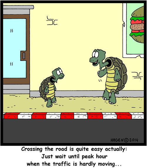 'Crossing the road is quite easy actually: Just wait until peak hour when the traffic is hardly moving...'