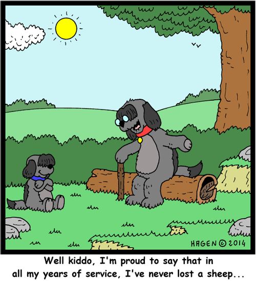 'Well kiddo, I'm proud to say that in all my years of service, I've never lost a sheep...'
