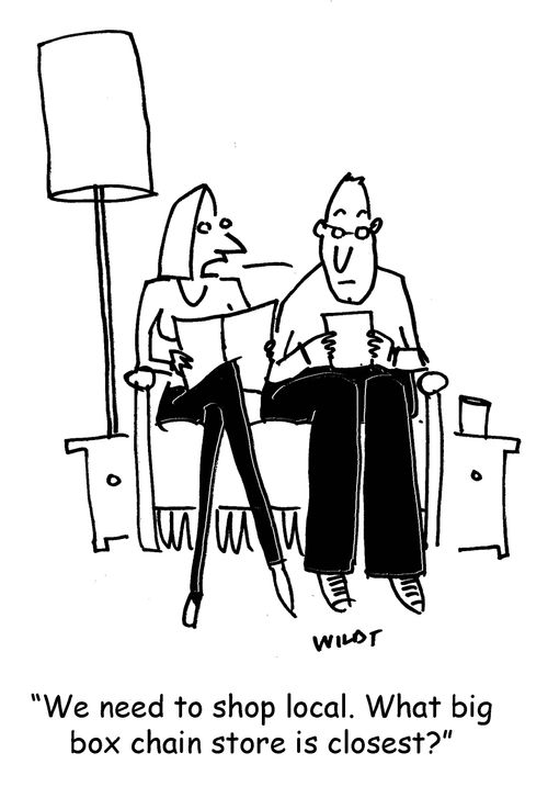 'We need to shop local. What big box chain store is closest?'