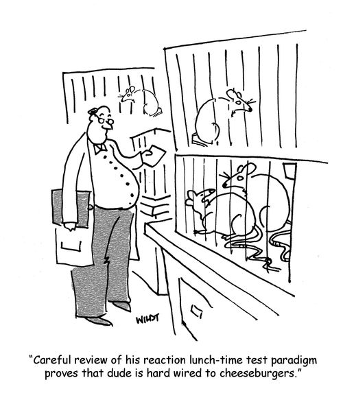 'Careful review of his reaction lunch-time test paradigm proves that dude is hard wired to cheeseburgers.'