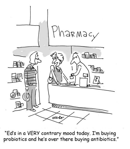 'Oh, Ed's in a VERY contrary mood today. I'm buying probiotics, so he's over there buying antibiotics.'