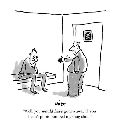 'Well, you would have gotten away if you hadn't photobombed my mug shot!'