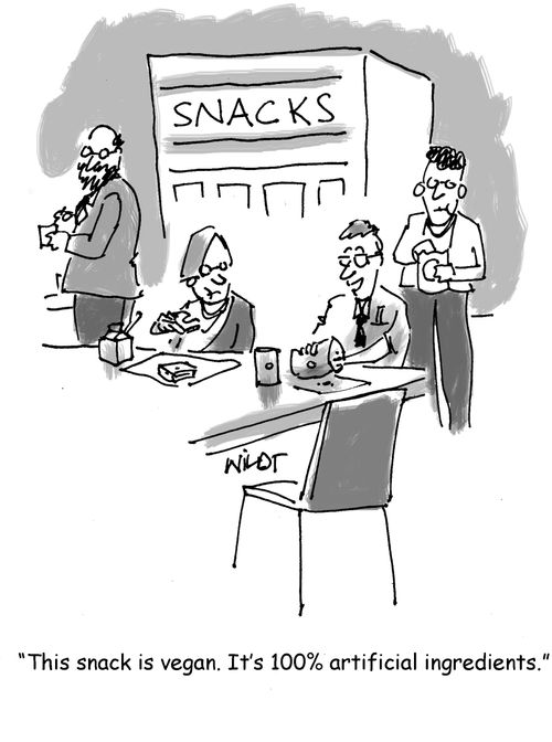 'This snack is vegan. It's 100% artificial ingredients.'