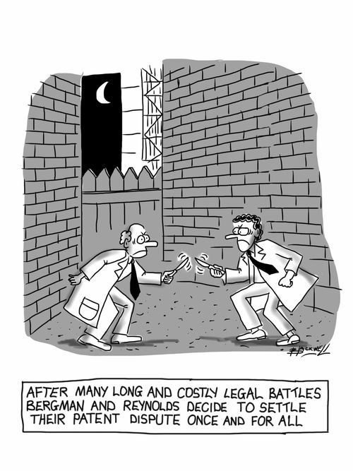 After many long and costly legal battles Bergman and Reynolds decide to settle their patent dispute once and for all.