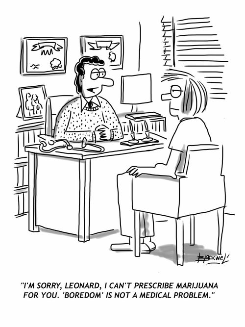 'I'm sorry, Leonard, I can't prescribe marijuana for you. Boredom is not a medical problem.'