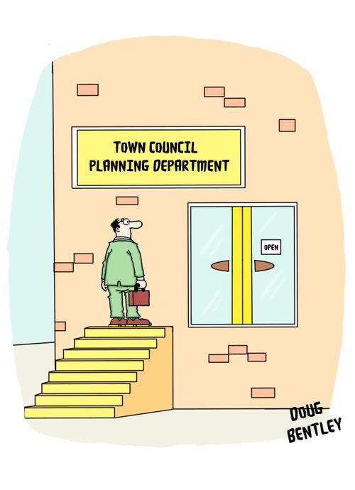 Man at council planning offices can't get through door due to position of steps.
