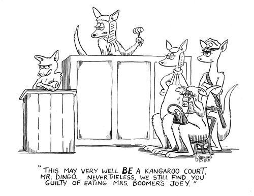 'This may very well BE a kangaroo court, Mr. Dingo, nevertheless we still find you guilty of eating Mrs. Boomer's Joey.''