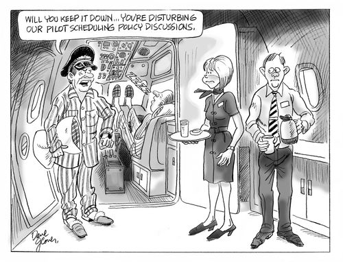 'Will keep it down ... you're disturbing our pilot scheduling policy discussions.'  Sleeping Pilots?