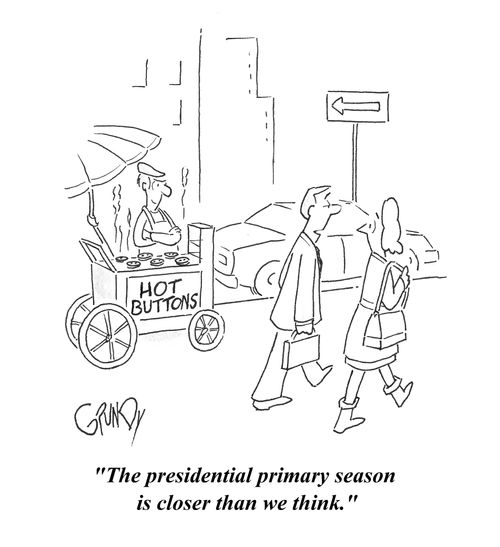Street vendor selling 'Hot Buttons' for the presidential primaries.
