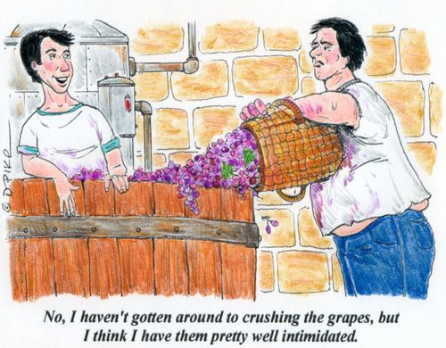 'No, I haven't gotten around to crushing the grapes, but I think  have them pretty well intimidated.'
