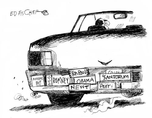 Bumper Stickers: Anyone but Romney, Ron Paul, Obama, Newt, Perry and Santorum.