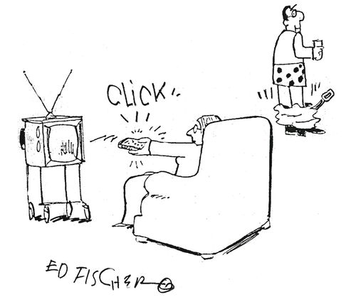 TV Remote undoes a man's trousers.