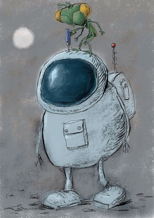 An astronaut with a little alien drilling into his helmet.
