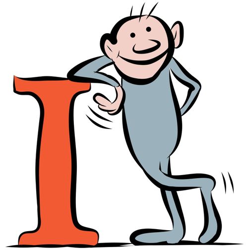 A smiling man leaning on a large letter 'I'.