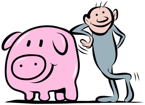 A smiling man leaning on large piggy bank.