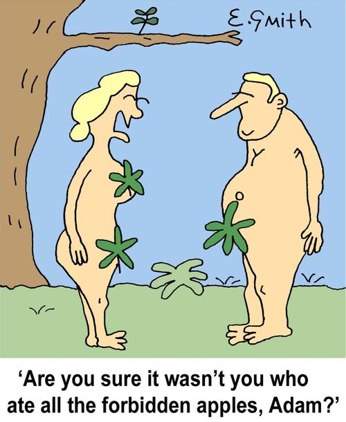 'Are you sure it wasn't you who ate all the forbidden apples, Adam?'