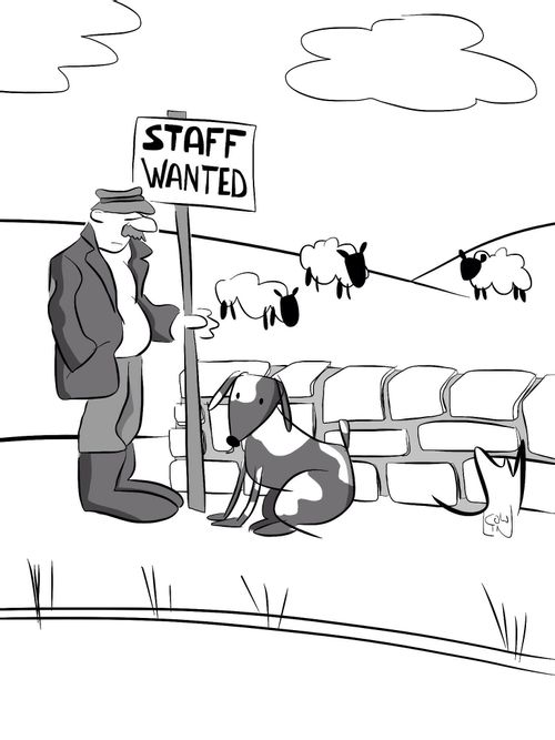Farmer with a Staff Wanted sign.